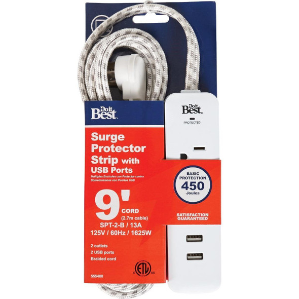 LTS-02H/A10 2-Outlet/2-USB 450J White Surge Protector with 9 Ft. Braided Cord