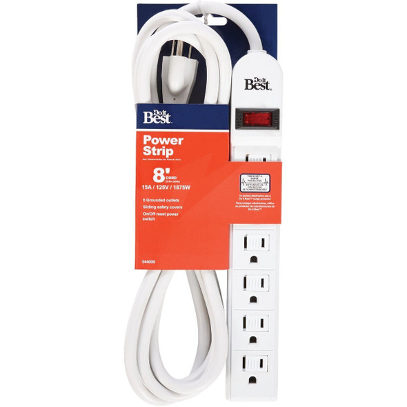 LTS-6H Extra Reach 6-Outlet White Power Strip with 8 Ft. Cord