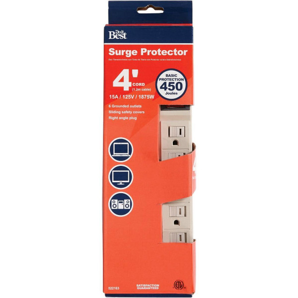 LTS-6HS/A14 6-Outlet 450J Tan Power Surge Strip with 4 Ft. Cord