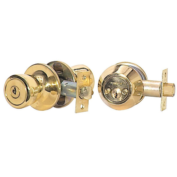 BR7B92B Steel Pro Polished Brass Deadbolt and Door Knob Combo