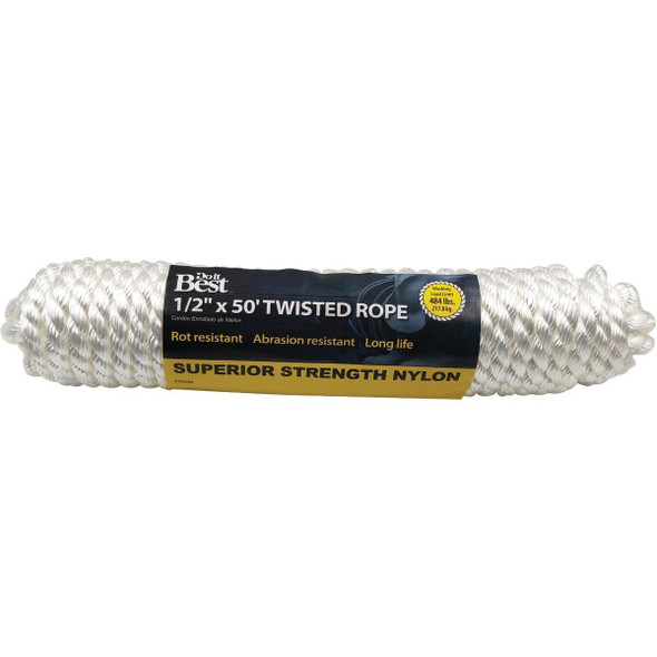 729340 1/2 In. x 50 Ft. White Twisted Nylon Packaged Rope