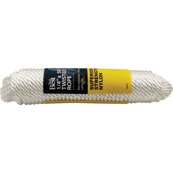 729019 1/4 In. x 50 Ft. White Twisted Nylon Packaged Rope