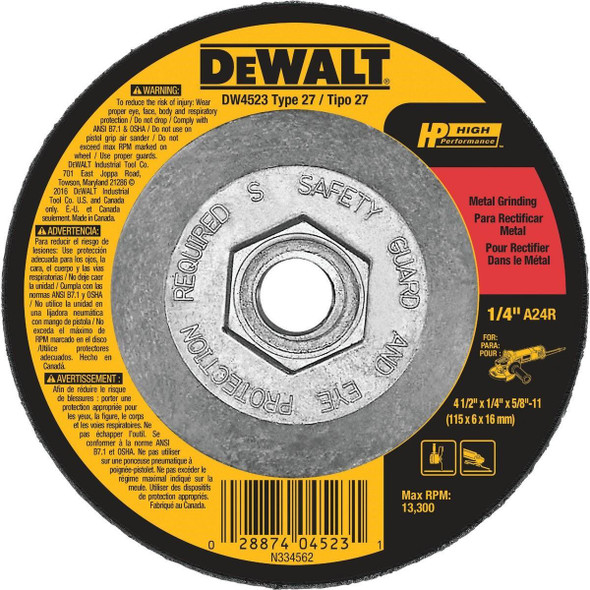 DW4523 DEWALT HP Type 27 4-1 In. x 1/4 In. x 5/8 In.-11 Metal Grinding Cut-Off Wheel