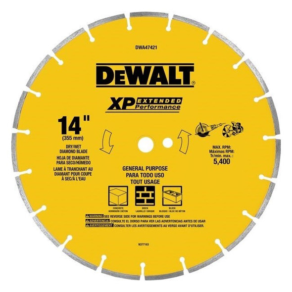 DWA47421 Dewalt Extended Performance 14 In. Segmented Rim Dry/Wet Cut Diamond Blade