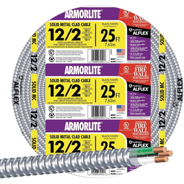68580021 Southwire 25 Ft. 12/2 MC Armored Cable Electrical Wire