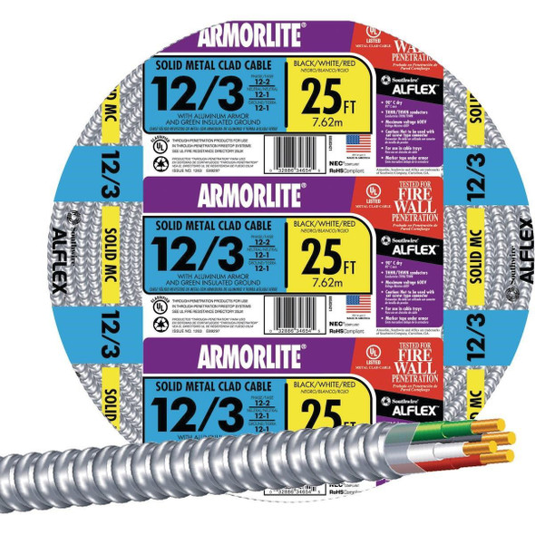 68583421 Southwire 25 Ft. 12/3 MC Armored Cable Electrical Wire
