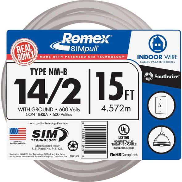 28827426 Romex 15 Ft. 14/2 Solid White NMW/G Electrical Wire