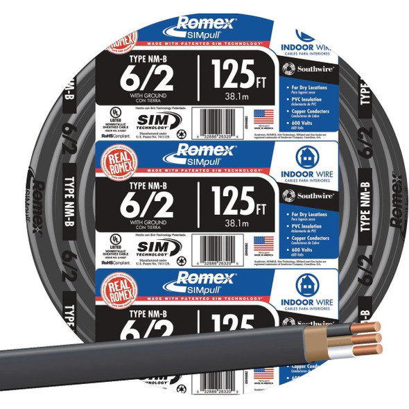 28894402 Romex 125 Ft. 6/2 Solid Black NMW/G Electrical Wire