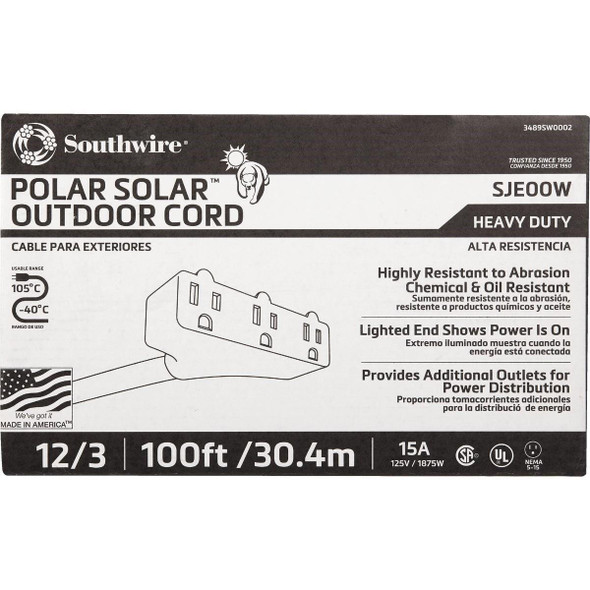 3489SW0002 Coleman Cable Polar Solar 100 Ft. 12/3 Cold Weather 3-Outlet Extension Cord