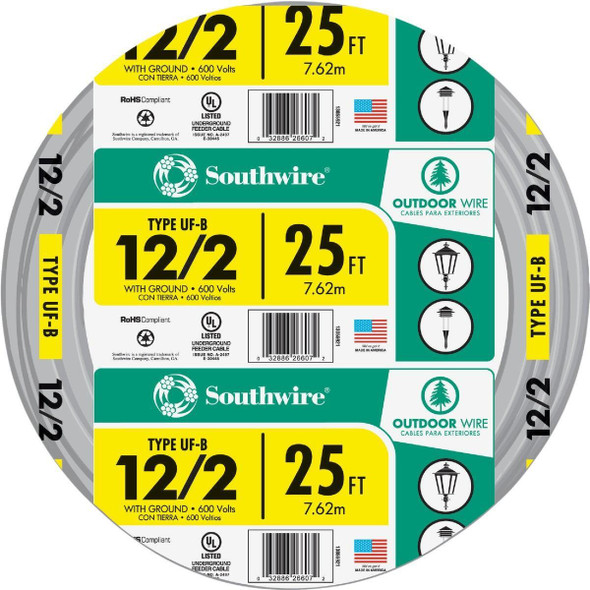 13055921 Southwire 25 Ft. 12 AWG 2-Conductor UFW/G Electrical Wire