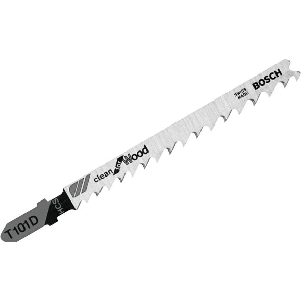 T101D Bosch T-Shank 4 In. x 6 TPI High Carbon Steel Jig Saw Blade, Clean for Wood (5-Pack)