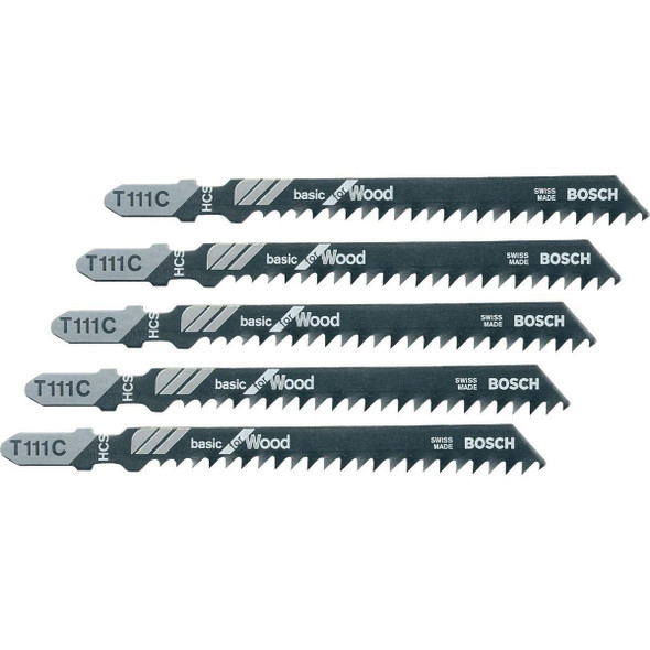 T111C Bosch T-Shank 4 In. x 8 TPI High Carbon Steel Jig Saw Blade, Basic for Wood (5-Pack)