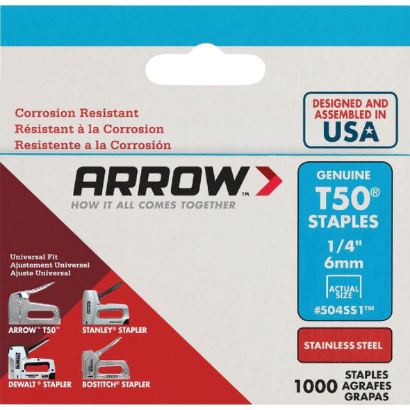 504SS1 Arrow T50 Heavy-Duty Stainless Steel Staple, 1/4 In. (1000-Pack)