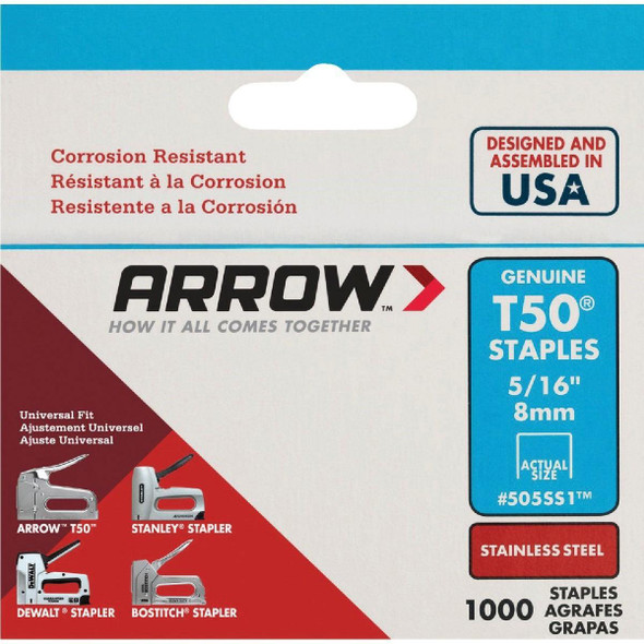 505SS1 Arrow T50 Heavy-Duty Stainless Steel Staple, 5/16 In. (1000-Pack)