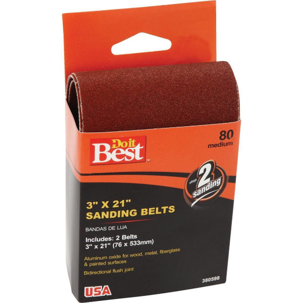 380598GA 3 In. x 21 In. 80 Grit Heavy-Duty Sanding Belt (2-Pack)