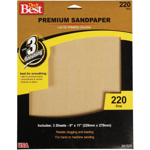 7266004 Premium Plus 9 In. x 11 In. 220 Grit Fine Sandpaper (3-Pack)