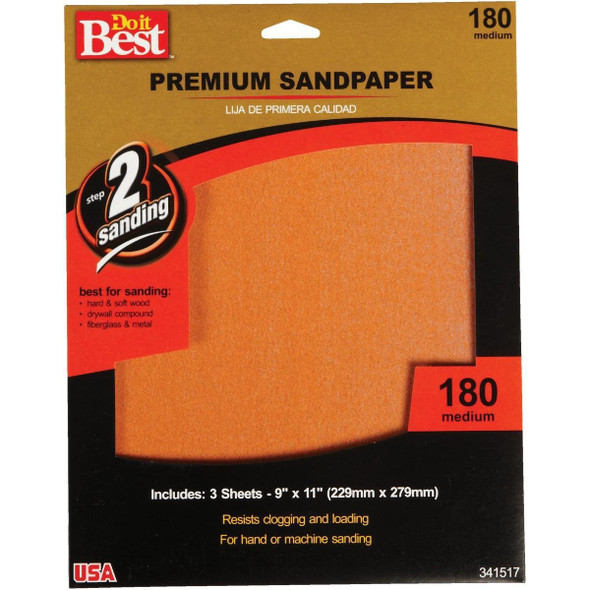7265004 Premium Plus 9 In. x 11 In. 180 Grit Medium Sandpaper (3-Pack)