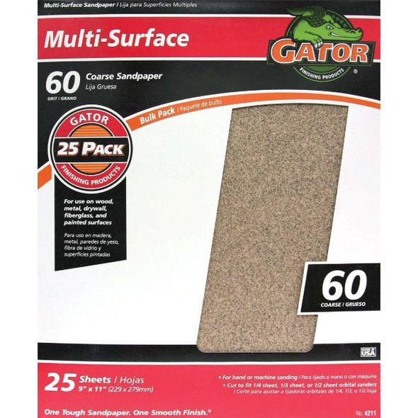 4211GA Gator Multi-Surface 9 In. x 11 In. 60 Grit Coarse Sandpaper (25-Pack)