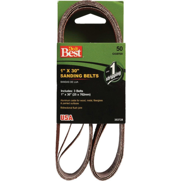 353728GA 1 In. x 30 In. 50 Grit Power Sanding Sanding Belt (3-Pack)