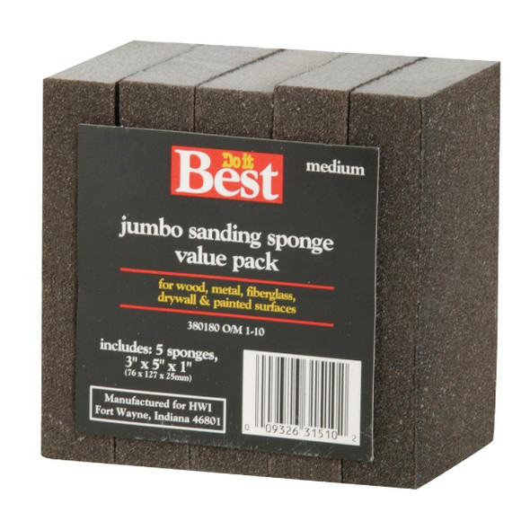 380180 Jumbo All-Purpose 3 In. x 5 In. x 1 In. 80 Grit Medium Sanding Sponge (5-Pack)