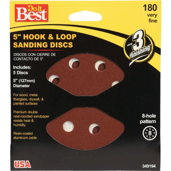 349194GA 5 In. 180-Grit 8-Hole Pattern Vented Sanding Disc with Hook & Loop Backing (5-Pack)