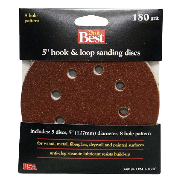 349305 5 In. 320-Grit 8-Hole Pattern Vented Sanding Disc with Hook & Loop Backing (5-Pack)