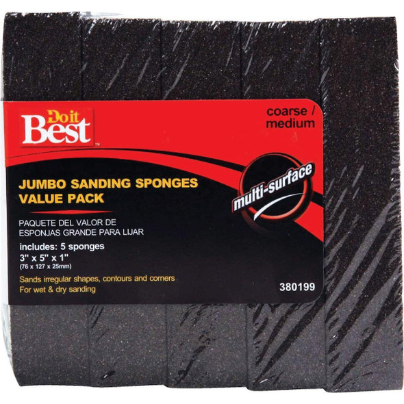 380199GA Jumbo 3 In. x 5 In. x 1 In. Medium/Coarse Sanding Sponge (5-Pack)