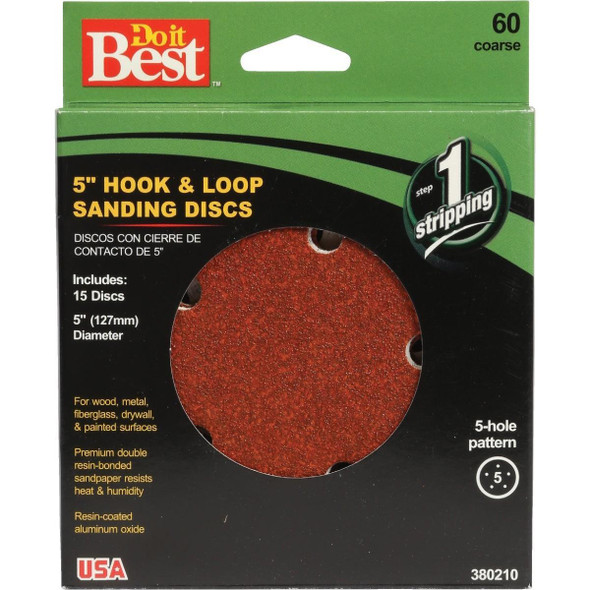 380210GA 5 In. 60-Grit 5-Hole Pattern Vented Sanding Disc with Hook & Loop Backing (15-Pack)