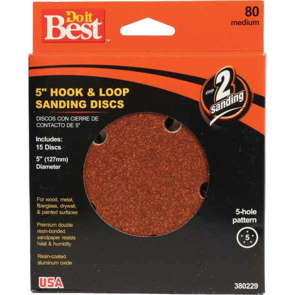 380229GA 5 In. 80-Grit 5-Hole Pattern Vented Sanding Disc with Hook & Loop Backing (15-Pack)
