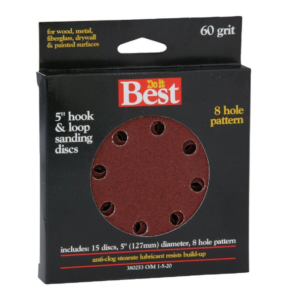 380253GA 5 In. 60-Grit 8-Hole Pattern Vented Sanding Disc with Hook & Loop Backing (15-Pack)