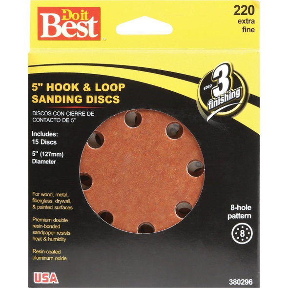 380296GA 5 In. 220-Grit 8-Hole Pattern Vented Sanding Disc with Hook & Loop Backing (15-Pack)