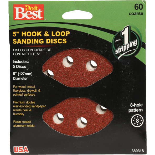 380318GA 5 In. 60-Grit 8-Hole Pattern Vented Sanding Disc with Hook & Loop Backing (5-Pack)