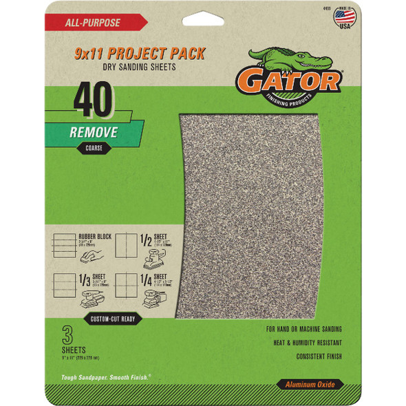 GatorGrit 9 In. x 11 In. Extra Coarse 40-Grit Sandpaper (3-Pack) 4439