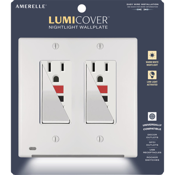 Amerelle LumiCover 2-Gang Universal Wallplate with Built-In Night Light, White LCU-RR-W 523660
