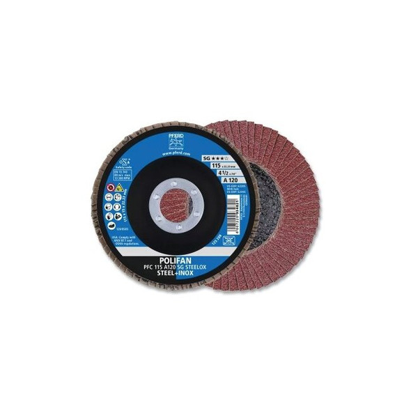 POLIFAN® Type 29 SG Flap Disc, 4-1/2 in dia, 120 Grit, 7/8 in Arbor dia, 13300 RPM, Aluminum Oxide A Pack of 10