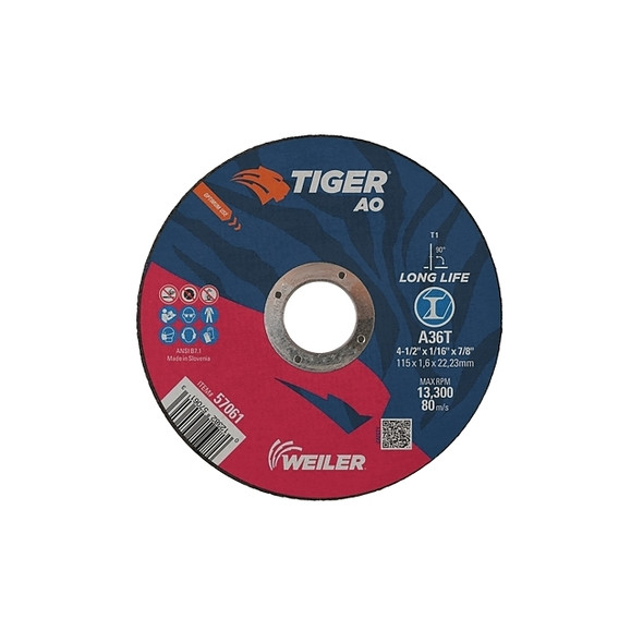Tiger® AO Cutting Wheel, 4-1/2 in dia x 1/16 in Thick, 7/8 in Arbor, A36T, Type 1 Pack of 25