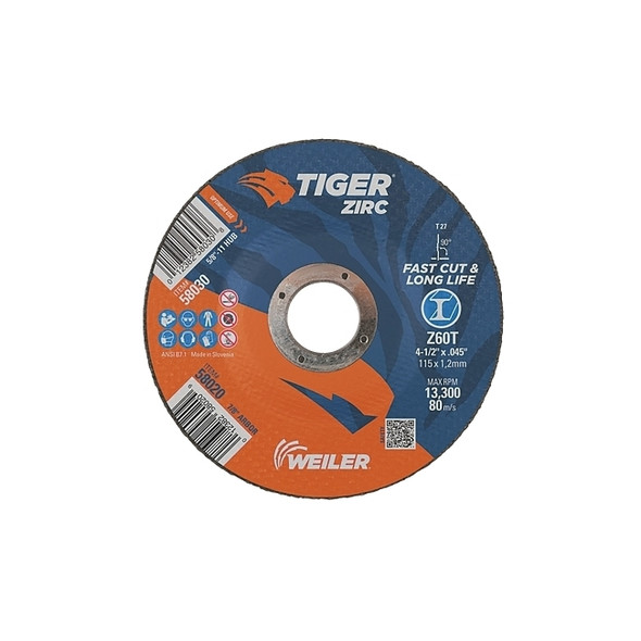 Tiger® Zirc Cutting Wheel, 4-1/2 in dia, 0.045 in Thick, 7/8 in Arbor, Zirconia Alumina, Type 27, Z60T Pack of 25