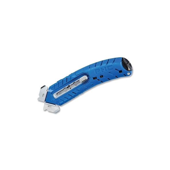 S8™ Ambidextrous Safety Cutter, Fixed Metal Guards, Auto-Retract, Button, Plastic, 5 Additional Blades, Blue