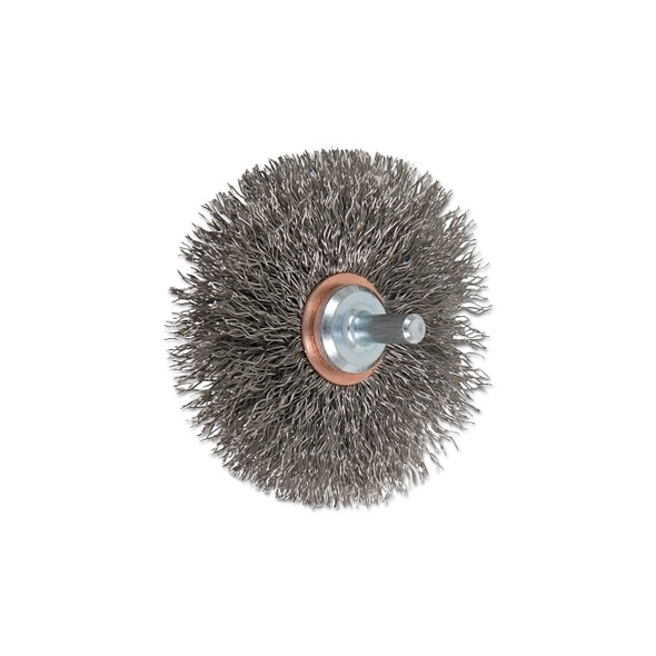 Mounted Crimped Wheel Brushes, Stainless Steel, 20,000 rpm, 3 in x 0.014 in