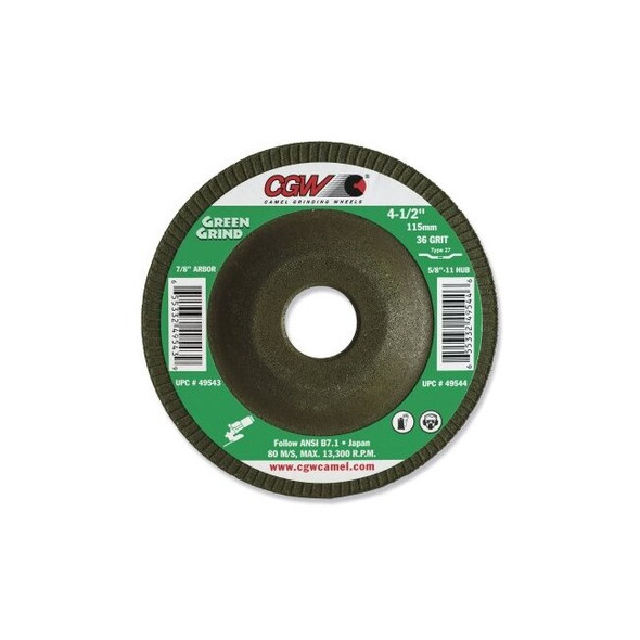 Type 27 Green Grind Grinding Wheel, 4-1/2 in dia, 7/8 in arbor, 36 Grit, Zirconia and Aluminum Oxide