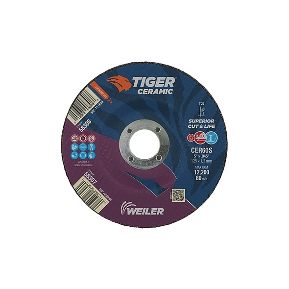 Tiger™ Ceramic Cutting Wheel, Type 27, 5 in Diameter., 0.045 in Thick, 7/8 in Arbor