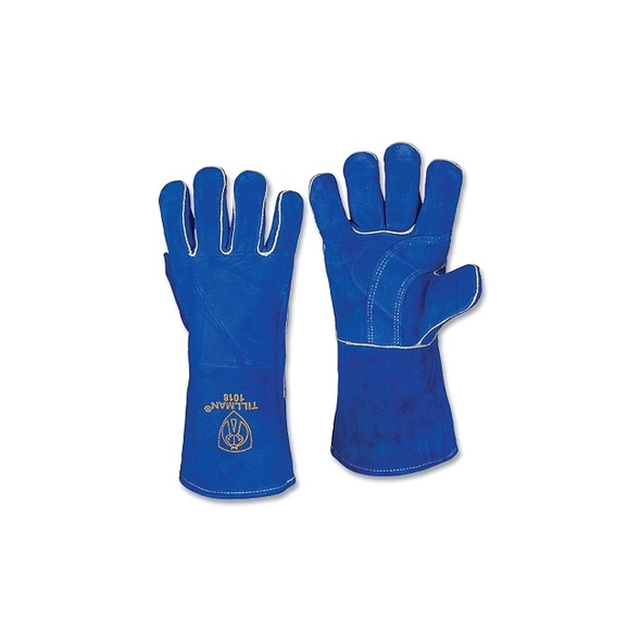 Stick Welding Gloves, 1018, Slightly Select Split Cowhide Palm/BOH/Cuff, Med, Blue, 14 in L Cuff