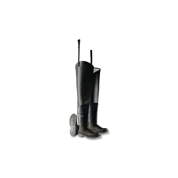 Hip Waders, Plain Toe, Steel Shank, Men's 8, 32 in Inseam, Polyblend/PVC, Black