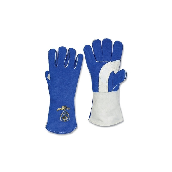 Stick Welding Gloves, 1250, Premium Side Split Cowhide Palm/BOH/Cuff, Med, Blue/Pearl, 14 in L Cuff