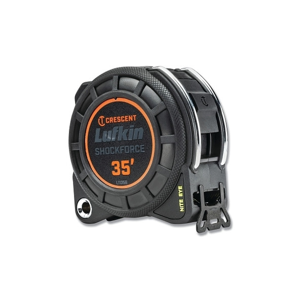 Shockforce Nite Eye Dual-Sided Tape Measure, 1-3/16 in W x 35 ft L, Black Blade