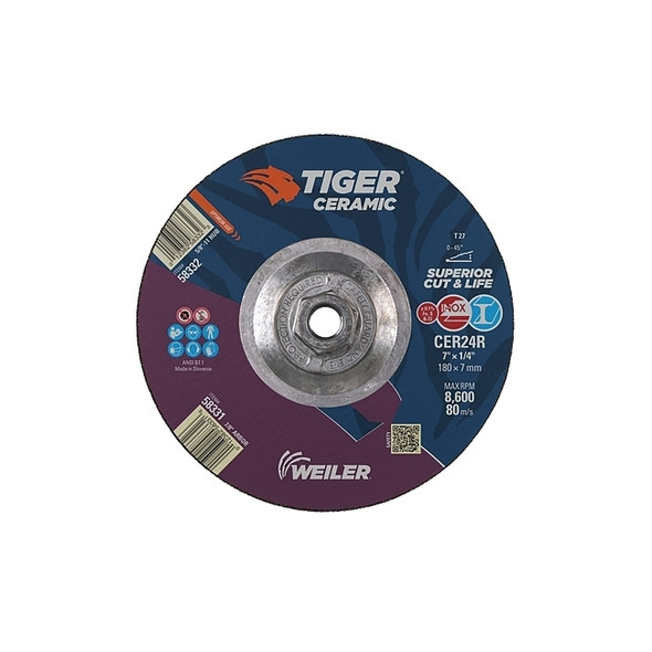 Tiger® Grinding Wheel, 7 in dia x 1/4 in Thick x 5/8 in-11 Arbor, 24 Grit, Ceramic Alumina, Type 27, 10 EA/BX