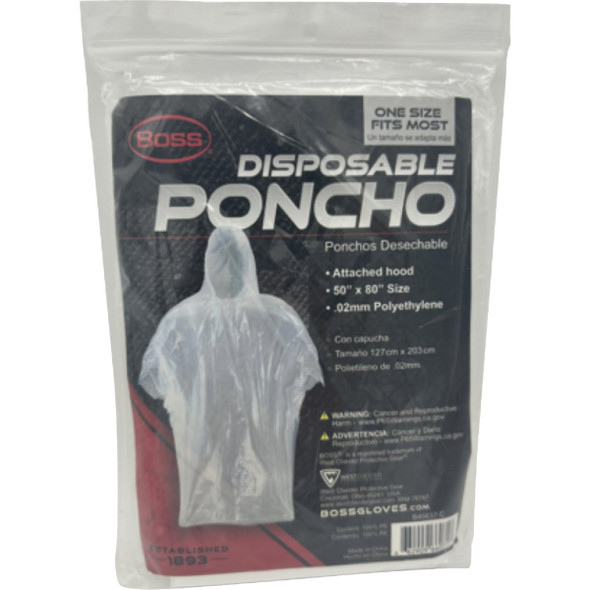 Boss 50 In. x 80 In. Clear Disposable Rain Poncho B49837-C