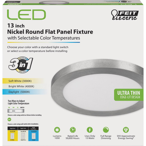 Feit Electric Edge-Lit 13 In. Nickel Round Disc 4-Way LED Flush Mount Light