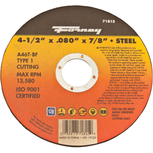 Forney Type 1 4-1/2 In. x .080 In. x 7/8 In. Steel Cut-Off Wheel 71815