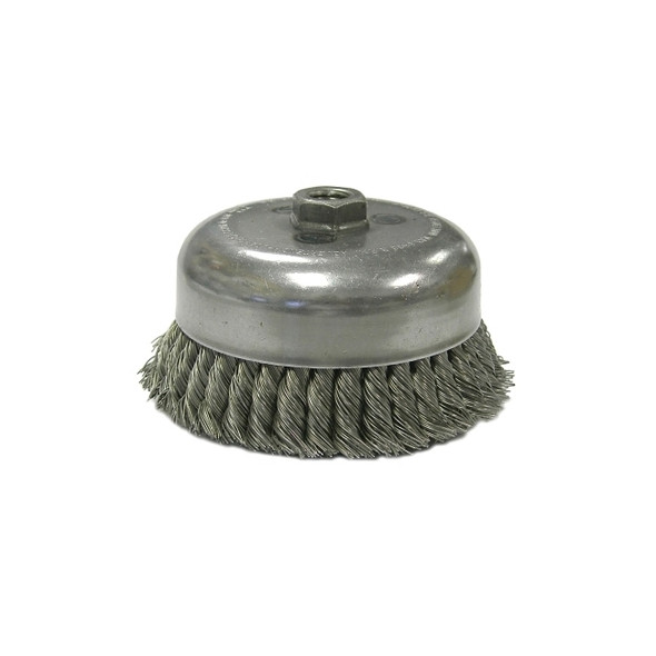 Heavy-Duty Knot Wire Cup Brush, 6 in Dia., 5/8-11 UNC Arbor, 1.5 x .014 Wire